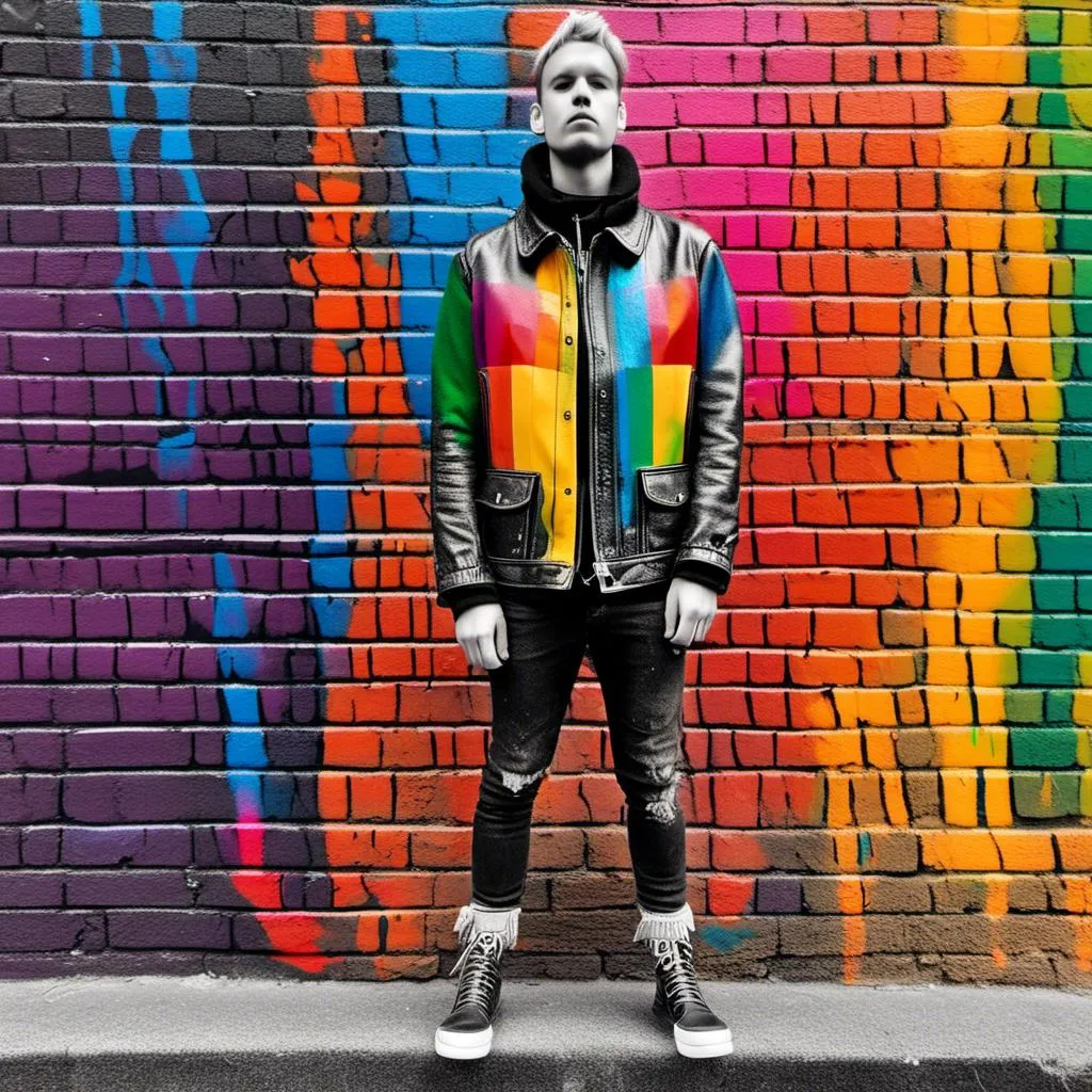 Prompt: 
Pointillism (ultra-detailed dots)
BLACK AND WHITE colors (MUTED)
SHADOWS High-resolution
Professional light
youngS punks, clad in ripped IMPRIMED leather jackets, IMPRIMED  tartan JEANS, and IMPRIMED  Doc Martens boots, stand with a rebellious air in front of a painted brick wall. The wall explodes with a riot of rainbow colors, adorned with graffiti that declares messages of defiance and social change. Imagine the scene rendered in the detailed, pointillism style. creating a scene that pulsates with electrifying energy. Each individual punk's expression is captured with precise detail, their gazes focused and intense, reflecting the rebellious spirit of both London and Amsterdam's punk scene 1975. The lighting is professional, highlighting the unique details of their clothing and the weathered texture of the brick wall.

<mymodel>