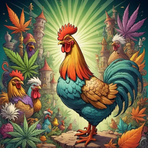 Prompt: prompt de base : Cartoon illustration " POULE majestueuse  " with basmoking big joint with friends and big cannabis, vibrant and colorful, whimsical fantasy setting, intricate details, high quality, misc-manga, fantasy, vibrant colors, intricate design, magical atmosphere.
