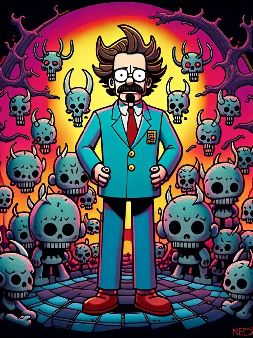 Prompt: Anime by Matt Groening, illustration of Ned Flanders are devil  by Matt Groening; futuristic sci-fi setting, detailed characters, colorful and vibrant, highres, anime by Matt Groening, sci-fi, futuristic, detailed characters, vibrant colors, professional  Matt Groening, dynamic lighting<mymodel>