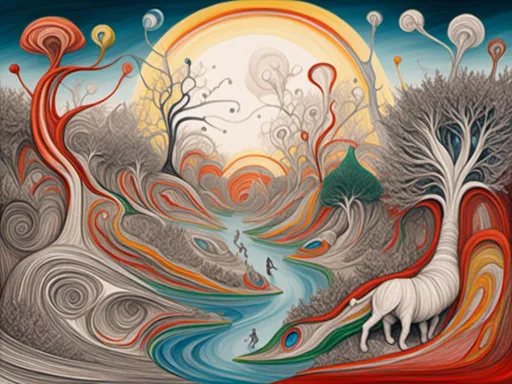 Prompt: <mymodel>Surrealist illustration of a dreamlike landscape, vibrant and otherworldly, swirling patterns and abstract shapes, fantastical creatures and plants, intricate and detailed, best quality, highres, ultra-detailed, surrealism, dreamlike, vibrant colors, abstract shapes, fantastical creatures, intricate details, surreal lighting