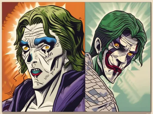 Prompt: <mymodel> split face half screen Jesus other half joker, contrast of light and dark, good and evil, kind and cruel, ultra realistic, detailed facial features, intense expression, high contrast, realistic, dark and light tones, dramatic lighting, split personality