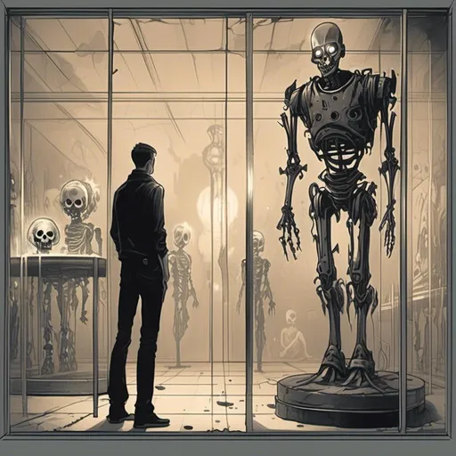 Prompt: <mymodel>a drawing of a robot standing next to a machine in a glass case with a man inside of it, Artgerm, panfuturism, ex machina, concept art