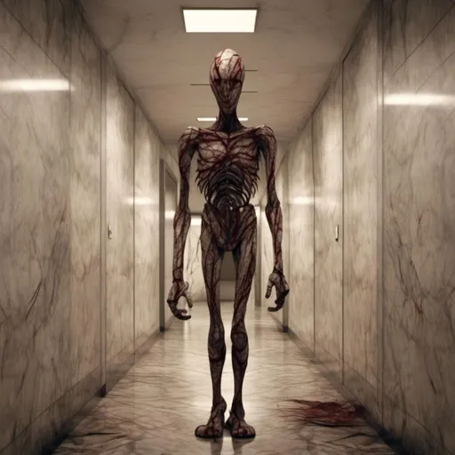 Prompt: <mymodel>a creepy looking creature with a large head and two smaller heads on his body in a hallway with a wall, shock art, hyper real, a 3D render