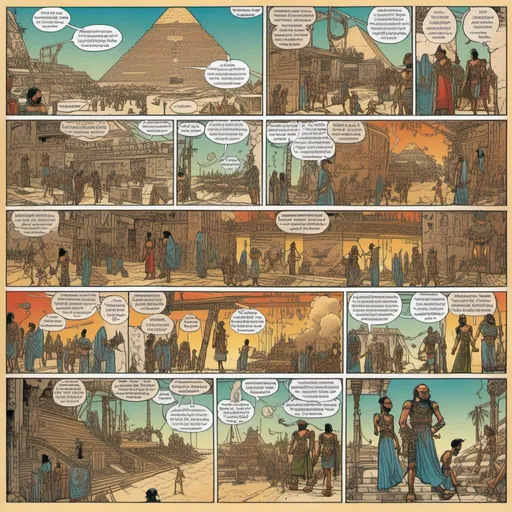Prompt: "Full-page Egyptian hieroglyphic comic strip in Enki Bilal style, vibrant colors, detailed ancient symbols, intricate storytelling, high quality, vibrant colors, detailed storytelling, Enki Bilal style, ancient Egyptian, vibrant colors, detailed symbols, comic strip, intricate, high quality, cyder punk elements, science-fiction, futuristic, glass"<mymodel>