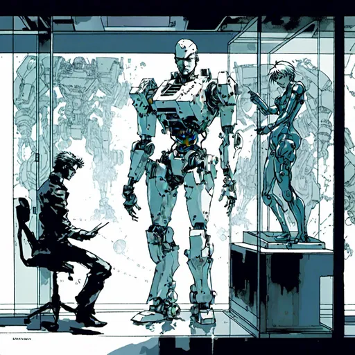 Prompt: <mymodel><mymodel>a robot standing next to a machine in a glass case with a man inside of it, Artgerm, panfuturism, ex machina, concept art robot stortelling of  panels of comic for manga, with speech bubbles. white and empty Speech bubbles, double page, surreal atmosphere, symbolic representation, high contrast, deep shadows, monochromatic, digital rendering, high quality, minimalist, conceptual art, graffiti style, abstract, surreal, symbolic, atmospheric lighting, comic édition. full strory comic love robot, white and empty Speech bubbles, stortelling  a robot standing next to a machine in a glass case with a man inside of it, Artgerm, panfuturism, ex machina, concept art