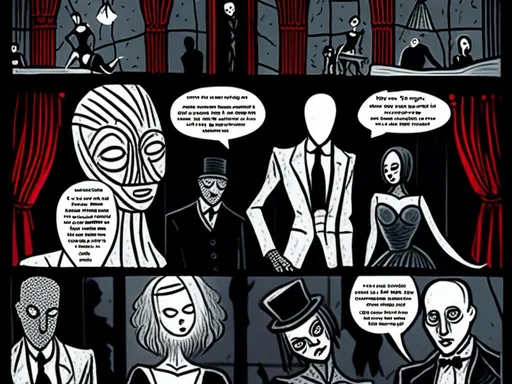Prompt: stroyboard, storytelling, script comic book; Mysterious performers in a cabaret noir, eerie gothic <mymodel>setting, dimly lit stage, ominous atmosphere, detailed makeup, highres, detailed, misc-macabre, dark tones, gothic, vintage, atmospheric lighting; stroyboard, storytelling, script comic book