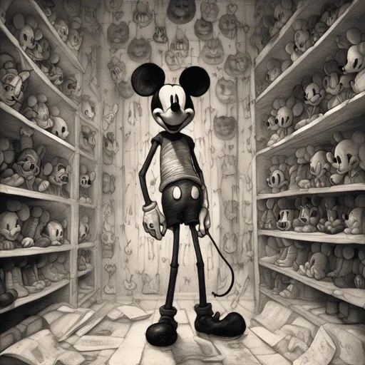 Prompt: <mymodel>Creepy, unsettling illustration of Mickey Mouse, dark and eerie ambiance, eerie details, high quality, detailed shadows, horror, sinister, disturbing, eerie lighting, surreal, unsettling atmosphere, dark tones, menacing, suspenseful, detailed, haunting, ominous