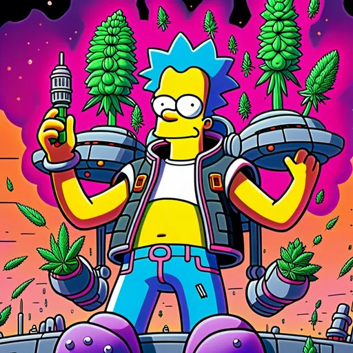 Prompt: Anime by Matt Groening, illustration of Simpson caractère with cannabis outfit  by Matt Groening; futuristic sci-fi setting, detailed characters, colorful and vibrant, highres, anime by Matt Groening, sci-fi, futuristic, detailed characters, vibrant colors, professional  Matt Groening, dynamic lighting<mymodel>