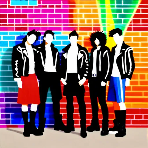 Prompt: group of young punks, clad in ripped leather jackets, tartan kilts, and Doc Martens boots, stand with a rebellious air in front of a vibrantly painted brick wall. The wall explodes with a riot of rainbow colors, adorned with graffiti that declares messages of defiance and social change. Imagine the scene rendered in the detailed precision of Boris Vallejo, yet infused with the meticulous pointillism style. Click to open the ultrafine detailed artwork, where every dot meticulously contributes to a vibrant explosion of color. The RGB spectrum is pushed to its limits, creating a scene that pulsates with electrifying energy. Each individual punk's expression is captured with precise detail, their gazes focused and intense, reflecting the rebellious spirit of both London and Amsterdam's punk scene. The lighting is professional, highlighting the unique details of their clothing and the weathered texture of the brick wall.

Style:

Boris Vallejo (precision, detail)
Pointillism (ultra-detailed dots)
RGB colors (vibrant, saturated)
High-resolution
Precisionist style (emphasis on geometric shapes)
Professional light.<mymodel>