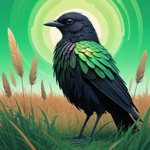 Prompt: Futuristic-vaporwave illustration of a male black bird in a neoplasticism style, standing in a grassy field, intense and direct gaze, vibrant green and brown grass, puzzle-like patterns, Daarken, detailed feathers, highres, vibrant colors, vaporwave, futuristic, neoplasticism, intense gaze, grassy field, puzzle-like patterns, detailed feathers, professional, atmospheric lighting
