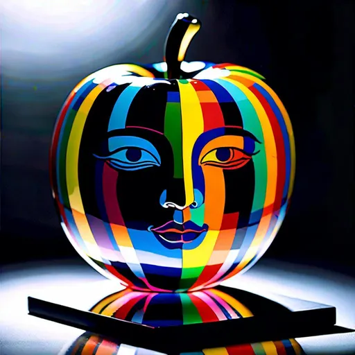 Prompt: <mymodel> <mymodel>Vibrant pop art illustration of a transparent glass apple sculpture, shiny and reflective surface, bold colors, high contrast, detailed glasswork, glossy finish, artistic interpretation, modern pop art, transparent glass, vibrant colors, high quality, detailed reflections, glossy finish, striking pop art style, bold and vibrant, contemporary art, shiny surface; ce qui donne cette image 