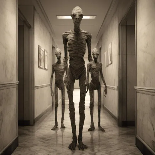 Prompt: <mymodel>a creepy looking creature with a large head and two smaller heads on his body in a hallway with a wall, shock art, hyper real, a 3D render