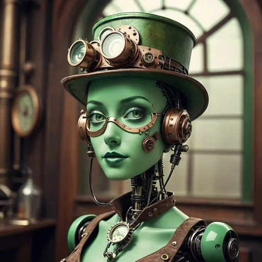 Prompt: https://pic.digital/blog/prompt-image-ai/robot green steampunk stand up looking me lovely 