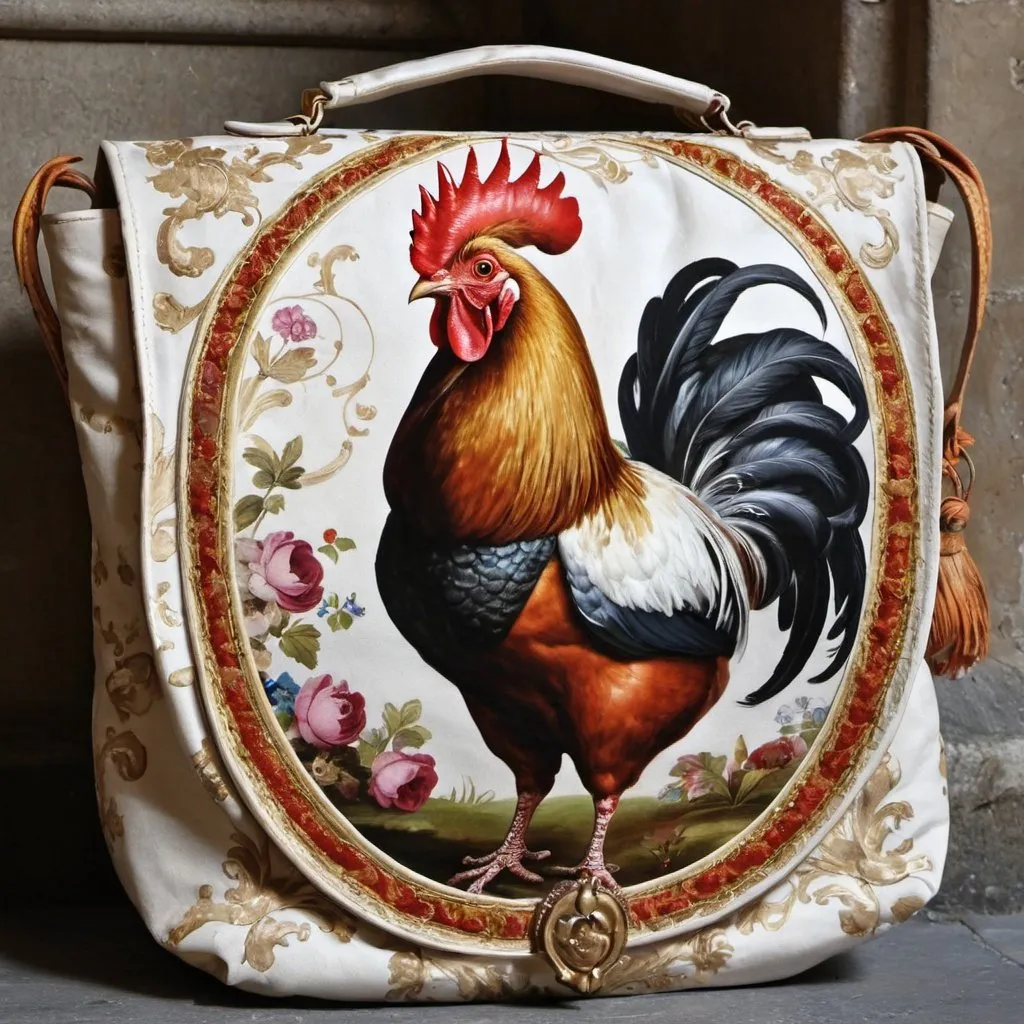 Prompt: le coq Français sur un tas de caca chante cocorico et une foule lui jette des pierres style baroque 