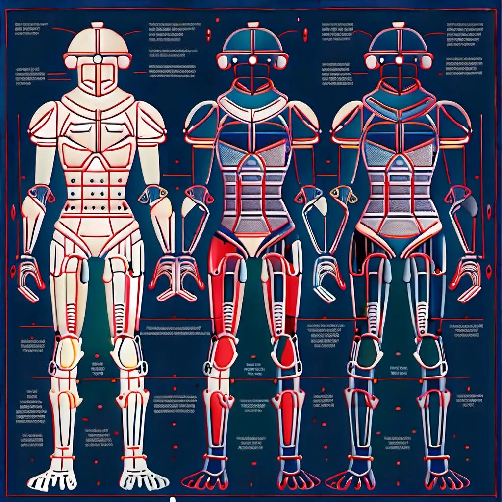 Prompt: Des plans techniques pour cette machine de combat : 1. Le corps est compose de plaques rivetees pour offrir une protection maximale. 2. La tete est disproportionnee par rapport au corps pour offrir une plus grande capacite de vue et de perception. 3. Les yeux globuleux et injectes de sang sont une reference aux yeux de la Mythologie Grecque. 4. La bouche est grande et garnie de dents acerees pour offrir une plus grande destructiveit. 5. Les griffes puissantes ou les armes integrees sont une reference aux machines de guerre des temps anciens.<mymodel>