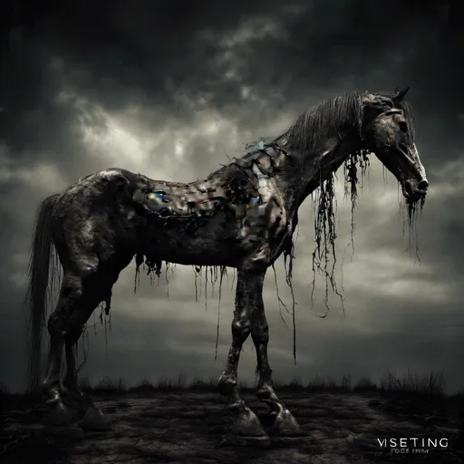 Prompt: Decaying horse, dark and eerie atmosphere, gloomy setting, macabre style, rotting flesh, haunting presence, eerie lighting, high contrast, unsettling details, visceral textures, eerie shadows, horror, gothic, distorted features, unsett<mymodel>ling, surreal, highres, eerie tones, visceral, atmospheric lighting