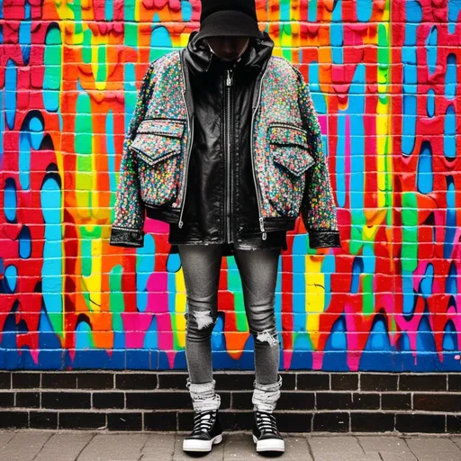 Prompt: 
Pointillism (ultra-detailed dots)
BLACK AND WHITE colors (MUTED)
SHADOWS High-resolution
Professional light
youngS punks, clad in ripped IMPRIMED leather jackets, IMPRIMED  tartan JEANS, and IMPRIMED  Doc Martens boots, stand with a rebellious air in front of a painted brick wall. The wall explodes with a riot of rainbow colors, adorned with graffiti that declares messages of defiance and social change. Imagine the scene rendered in the detailed, pointillism style. creating a scene that pulsates with electrifying energy. Each individual punk's expression is captured with precise detail, their gazes focused and intense, reflecting the rebellious spirit of both London and Amsterdam's punk scene 1975. The lighting is professional, highlighting the unique details of their clothing and the weathered texture of the brick wall.

<mymodel>
