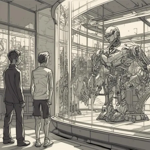 Prompt: <mymodel>a robot standing next to a machine in a glass case with a man inside of it, Artgerm, panfuturism, ex machina, concept art robot stortelling of  panels of comic for manga, with speech bubbles. white and empty Speech bubbles, double page, surreal atmosphere, symbolic representation, high contrast, deep shadows, monochromatic, digital rendering, high quality, minimalist, conceptual art, graffiti style, abstract, surreal, symbolic, atmospheric lighting, comic édition. full strory comic love robot, white and empty Speech bubbles, stortelling  a robot standing next to a machine in a glass case with a man inside of it, Artgerm, panfuturism, ex machina, concept art