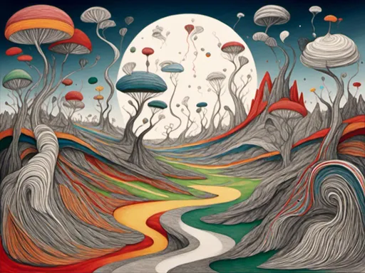Prompt: <mymodel>Surrealist illustration of a dreamlike landscape, vibrant and otherworldly, swirling patterns and abstract shapes, fantastical creatures and plants, intricate and detailed, best quality, highres, ultra-detailed, surrealism, dreamlike, vibrant colors, abstract shapes, fantastical creatures, intricate details, surreal lighting