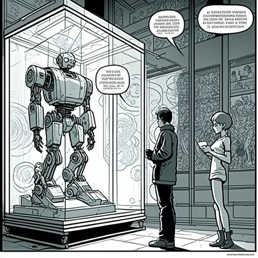 Prompt: <mymodel>a robot standing next to a machine in a glass case with a man inside of it, Artgerm, panfuturism, ex machina, concept art robot stortelling of  panels of comic for manga, with speech bubbles. white and empty Speech bubbles, double page, surreal atmosphere, symbolic representation, high contrast, deep shadows, monochromatic, digital rendering, high quality, minimalist, conceptual art, graffiti style, abstract, surreal, symbolic, atmospheric lighting, comic édition. full strory comic love robot, white and empty Speech bubbles, stortelling  a robot standing next to a machine in a glass case with a man inside of it, Artgerm, panfuturism, ex machina, concept art