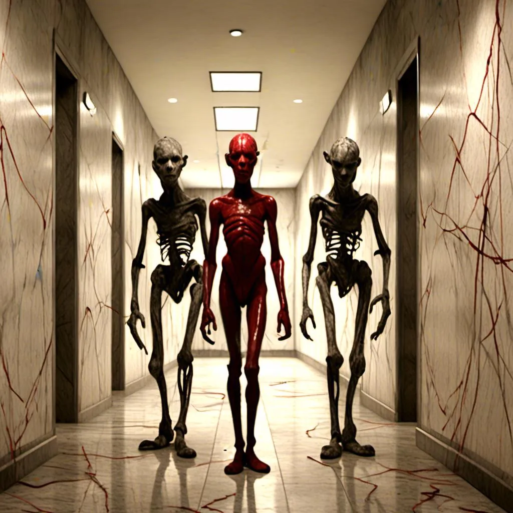 Prompt: <mymodel>a creepy looking creature with a large head and two smaller heads on his body in a hallway with a wall, shock art, hyper real, a 3D render