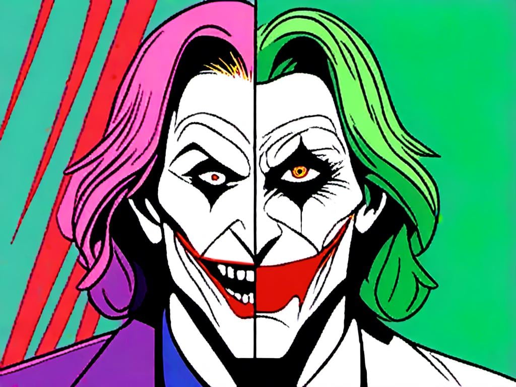 Prompt: <mymodel> split face half screen Jesus other half joker, contrast of light and dark, good and evil, kind and cruel, ultra realistic, detailed facial features, intense expression, high contrast, realistic, dark and light tones, dramatic lighting, split personality