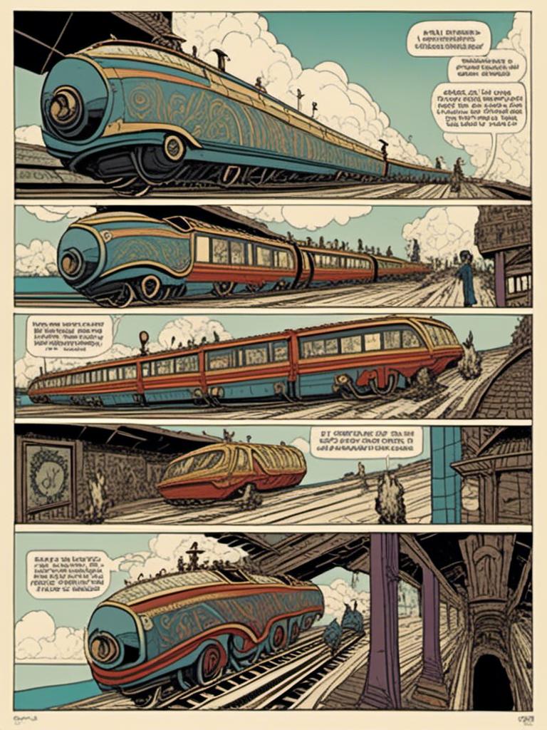 Prompt: <mymodel>actuel steampunk train stortelling of  panels of comic for comic actuel ; "style enki bilal : Le modele utilise un style isometrique et des couleurs vives pour creer une impression de metamorphose. Les batiments sont presents sous une perspective unique, avec des reflets violets, bleus et rouges qui donnent une impression de dynamique et de movement. Les details sont precis et detaille, avec une attention particuliere aux details architecturaux et aux textures des vetements. Le modele est avant-gardiste et innovant, evoquant l'idee de transformation et de metamorphose.
 actuel strempunk train stortelling of  panels of comic for comic actuel