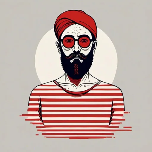 Prompt: <mymodel><mymodel>Bearded man drawn like a logo, whit mustache,no hair, bald head, White cotton t-shirt with horizontal red stripes very regular and 1cm large, round glasses, high quality, detailed design, minimalistic, professional lighting, cool tones, minimalist style, highres, detailed facial hair, mature, sophisticated, cool tones, minimalistic, focused lighting<mymodel>