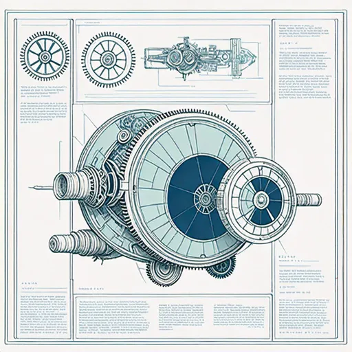 Prompt: a blueprint drawing of a machine with gears and wheels on it's side, with a large amount of details, Beeple, retrofuturism, mecha, a detailed drawing<mymodel>