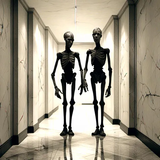 Prompt: <mymodel>a creepy looking creature with a large head and two smaller heads on his body in a hallway with a wall, shock art, hyper real, a 3D render