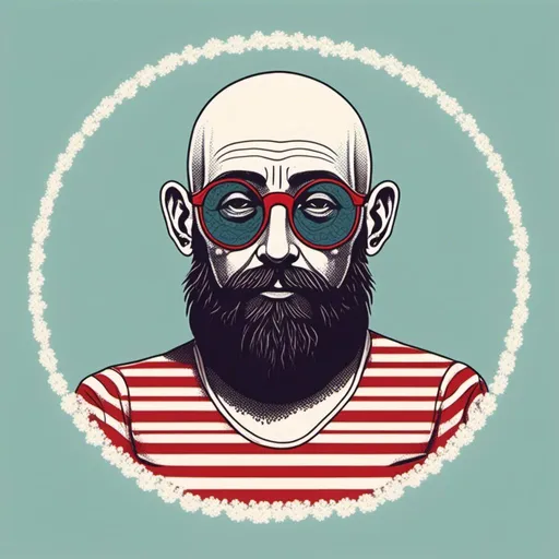 Prompt: <mymodel><mymodel>Bearded man drawn like a logo, whit mustache,no hair, bald head, White cotton t-shirt with horizontal red stripes very regular and 1cm large, round glasses, high quality, detailed design, minimalistic, professional lighting, cool tones, minimalist style, highres, detailed facial hair, mature, sophisticated, cool tones, minimalistic, focused lighting<mymodel>