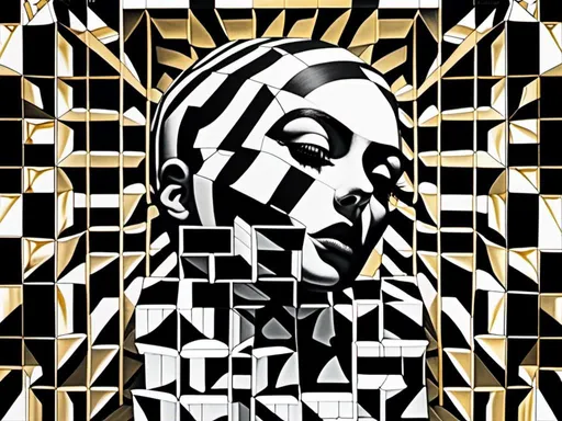 Prompt: Op art, collage, goldblocks, brutalism, arabic calligraphy graffiti black and white portrait by christian hilfgott brand, behance contest winner, pop surrealism, behance hd, dc comics, reimagined by industrial light and magic gold and epic<mymodel>