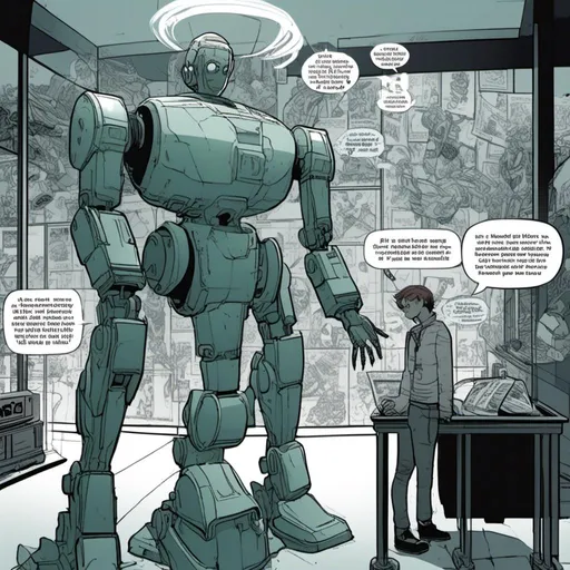 Prompt: <mymodel>a robot standing next to a machine in a glass case with a man inside of it, Artgerm, panfuturism, ex machina, concept art robot stortelling of  panels of comic for manga, with speech bubbles. white and empty Speech bubbles, double page, surreal atmosphere, symbolic representation, high contrast, deep shadows, monochromatic, digital rendering, high quality, minimalist, conceptual art, graffiti style, abstract, surreal, symbolic, atmospheric lighting, comic édition. full strory comic love robot, white and empty Speech bubbles, stortelling  a robot standing next to a machine in a glass case with a man inside of it, Artgerm, panfuturism, ex machina, concept art