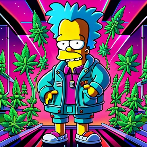 Prompt: Anime by Matt Groening, illustration of Simpson caractère with cannabis outfit  by Matt Groening; futuristic sci-fi setting, detailed characters, colorful and vibrant, highres, anime by Matt Groening, sci-fi, futuristic, detailed characters, vibrant colors, professional  Matt Groening, dynamic lighting<mymodel>