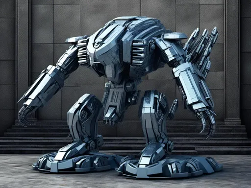 Prompt: <mymodel>High-res, detailed 3D rendering of a combat machine, metallic material with riveted plates, futuristic sci-fi style, technical blue and metallic tones, intense and dramatic lighting, industrial urban setting, heavy-duty mechanical design, powerful and menacing presence, fully armed with advanced weapons, intricate mechanical details, professional-quality, sci-fi, combat machine, metallic, technical blue tones, intense lighting, industrial urban setting, menacing presence, advanced weapons, mechanical details