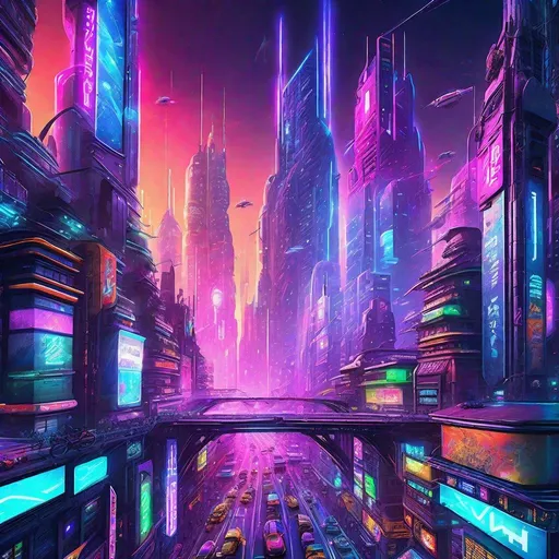 Prompt: Vibrant digital illustration of a bustling futuristic cityscape, neon-lit streets, towering skyscrapers, flying vehicles, holographic billboards, ultra-detailed cyberpunk style, cool tones, futuristic city, neon-lit, bustling streets, detailed skyscrapers, flying vehicles, holographic billboards, vibrant atmosphere, highres, professional, atmospheric lighting