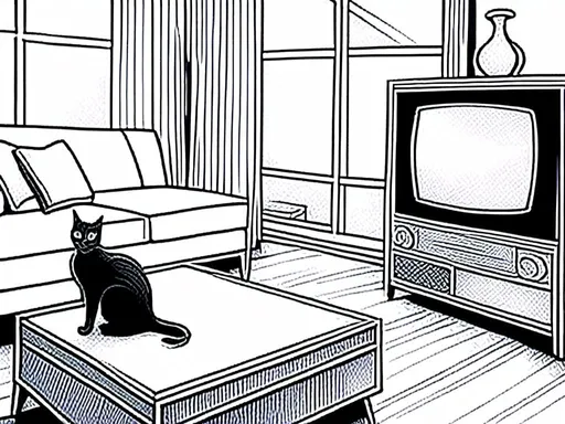 Prompt: <mymodel> a cat shows a cat on the living room television drawing of a contented cat enjoying, inked, detailed fur with subtle highlights, tranquil ambiance, high quality, charcoal drawing, realistic, detailed, contented cat, a cat shows a cat on the living room television, tranquil ambiance