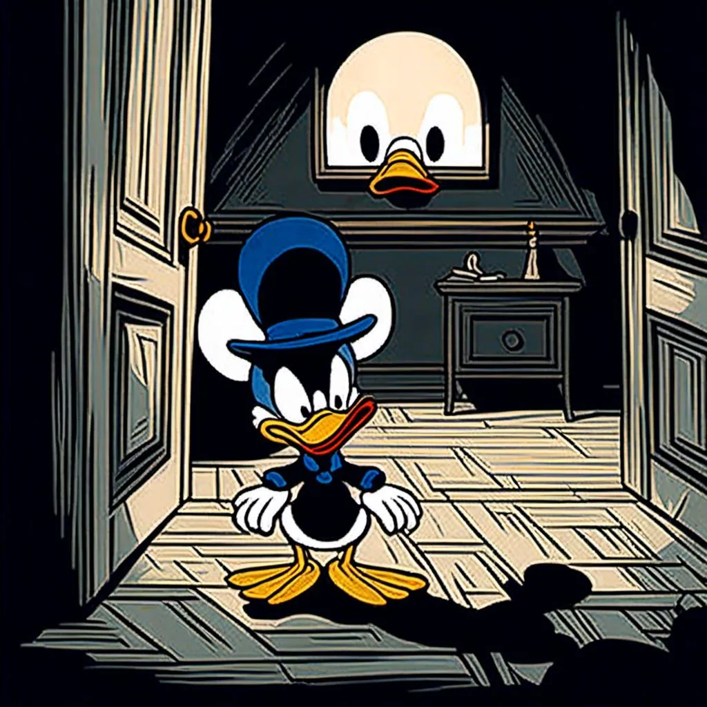 Prompt: <mymodel>Creepy, unsettling illustration of Donald Duck, dark and eerie ambiance, eerie details, high quality, detailed shadows, horror, sinister, disturbing, eerie lighting, surreal, unsettling atmosphere, dark tones, menacing, suspenseful, detailed, haunting, ominous