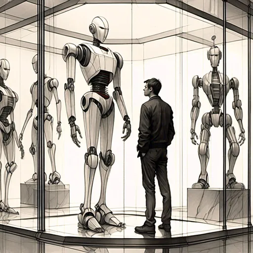 Prompt: <mymodel>a drawing of a robot standing next to a machine in a glass case with a man inside of it, Artgerm, panfuturism, ex machina, concept art