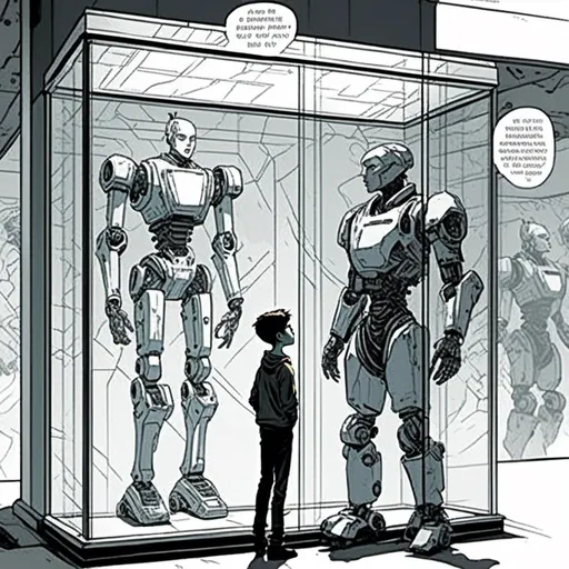 Prompt: <mymodel>a robot standing next to a machine in a glass case with a man inside of it, Artgerm, panfuturism, ex machina, concept art robot stortelling of  panels of comic for manga, with speech bubbles. white and empty Speech bubbles, double page, surreal atmosphere, symbolic representation, high contrast, deep shadows, monochromatic, digital rendering, high quality, minimalist, conceptual art, graffiti style, abstract, surreal, symbolic, atmospheric lighting, comic édition. full strory comic love robot, white and empty Speech bubbles, stortelling  a robot standing next to a machine in a glass case with a man inside of it, Artgerm, panfuturism, ex machina, concept art