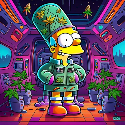 Prompt: Anime by Matt Groening, illustration of Simpson caractère with cannabis outfit  by Matt Groening; futuristic sci-fi setting, detailed characters, colorful and vibrant, highres, anime by Matt Groening, sci-fi, futuristic, detailed characters, vibrant colors, professional  Matt Groening, dynamic lighting<mymodel>