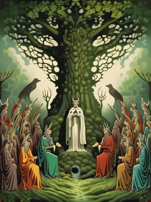 Prompt:  illustration of  la mythologie des Druides. Les Druides sont des pretresses et des preneurs de decisions en Irlande et en Gaule. Leur mythologie est remplie de créatures bizarres, de magies puissantes et de legendes folles. Ils croient en un dieu appelé Lugh, qui est le dieu de la lumiere et de la sagesse. Les Druides ont une relation unique avec la nature, ils utilisent les plantes et les animaux pour leur offrir des services spirituels et medicaux. mytholigique setting, detailed characters, colorful and vibrant, highres,etailed characters, vibrant colors, professional, dynamic lighting<mymodel>