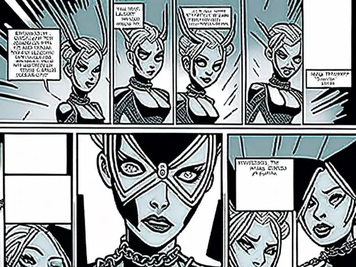 Prompt: <mymodel>stroyboard, storytelling, script comic bookdetailed inked panels, special edition storytelling, high-quality, professional, real, intense actionteenage female cenobite with face covered in symmetrical metal blades and machines. insane laughter, dead, dead white eyes, Goddess of love and pain, divine madness, detailed facial expression, suspended in air by chains coming out of her body, ultra fine details, masterpiece, <mymodel>stroyboard, storytelling, script comic book