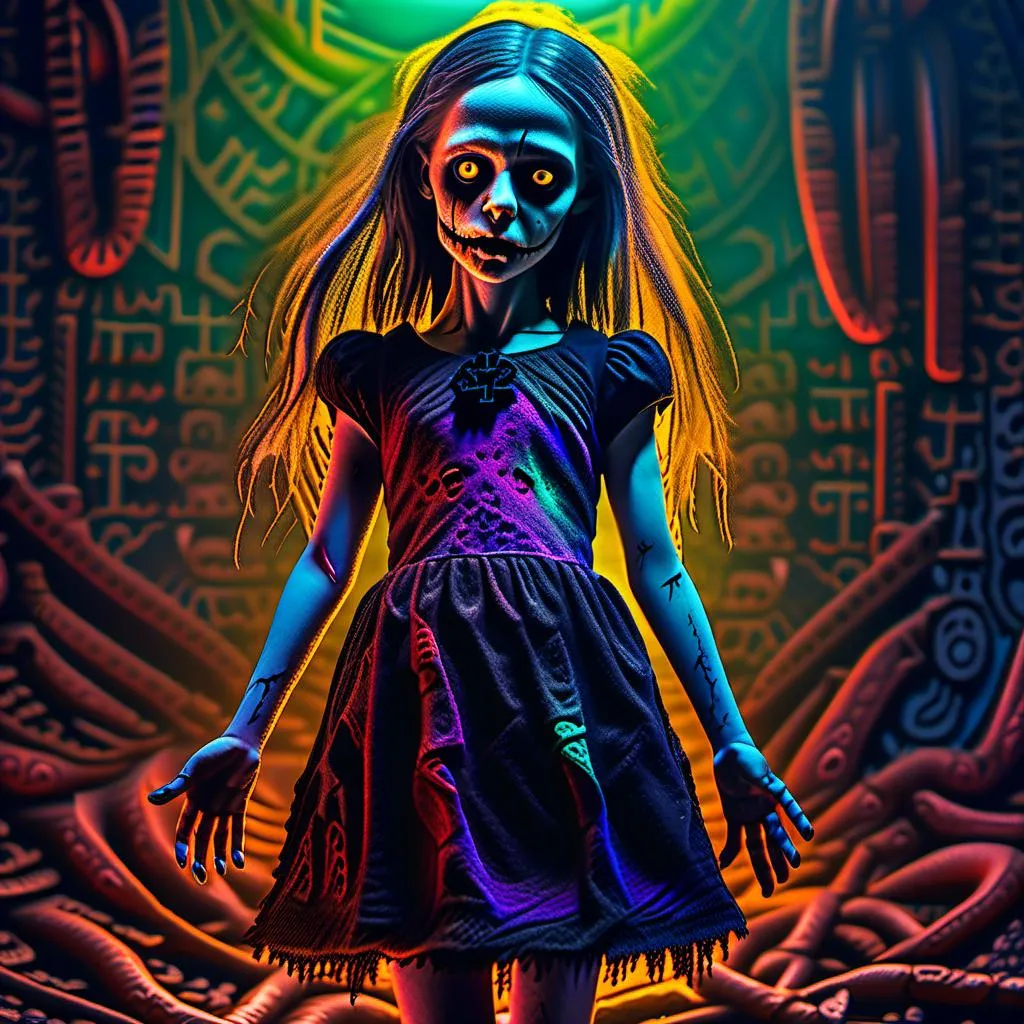 Prompt: full body shot, Little chaotic evil insane living dead girl with rotting pale flesh in a beautiful out of place dress, eerie atmospheric lighting, psychedelic  color tones, horror, detailed facial features, highres, ultra-detailed, Lovecraftian, eerie, sinister, haunting lighting, divine madness, holy killer, little Goddess of death. longing, madness, nothing love, holy death girl, smiling from ear to ear, glowing white eyes with ethereal trails, extreme emotion, If you are reading this I love you so much.<mymodel>