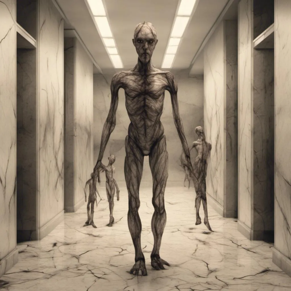 Prompt: <mymodel>a creepy looking creature with a large head and two smaller heads on his body in a hallway with a wall, shock art, hyper real, a 3D render