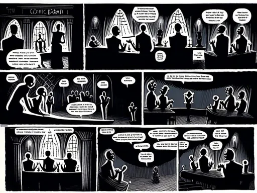 Prompt: stroyboard, storytelling, script comic book; Mysterious performers in a cabaret noir, eerie gothic <mymodel>setting, dimly lit stage, ominous atmosphere, detailed makeup, highres, detailed, misc-macabre, dark tones, gothic, vintage, atmospheric lighting; stroyboard, storytelling, script comic book