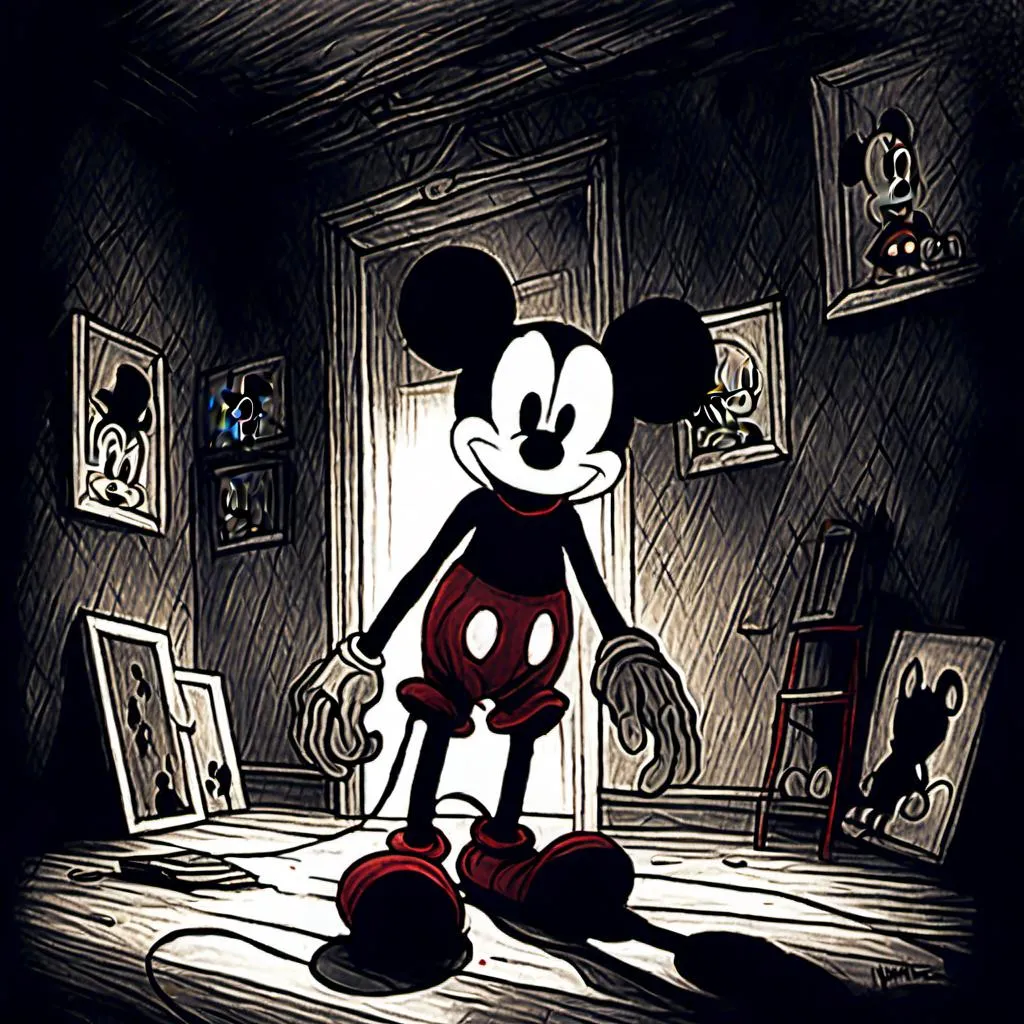 Prompt: <mymodel>Creepy, unsettling illustration of Mickey Mouse, dark and eerie ambiance, eerie details, high quality, detailed shadows, horror, sinister, disturbing, eerie lighting, surreal, unsettling atmosphere, dark tones, menacing, suspenseful, detailed, haunting, ominous