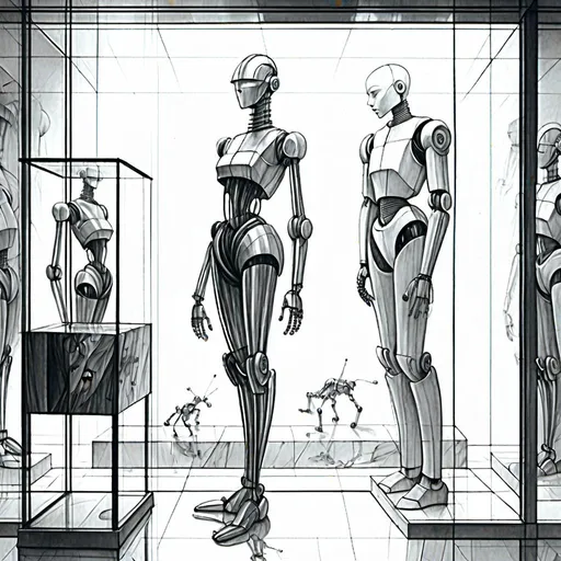Prompt: <mymodel>a drawing of a robot standing next to a machine in a glass case with a man inside of it, Artgerm, panfuturism, ex machina, concept art