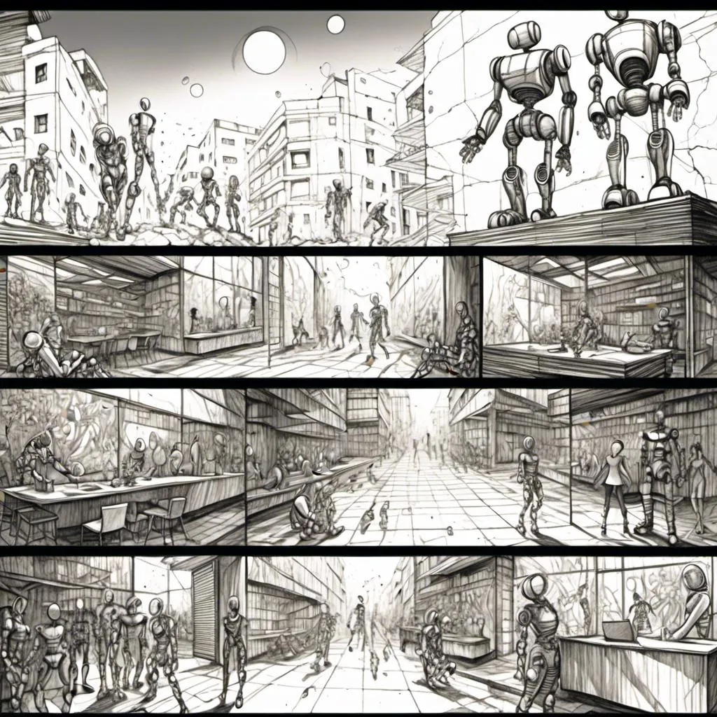 Prompt: <mymodel>Love robot storytelling in manga comic panels, surreal atmosphere, symbolic representation, high contrast, deep shadows, monochromatic, digital rendering, high quality, mini comic edition, full story comic, futuristic, dreamlike, detailed mechanical designs, emotional storytelling, manga style, double-page spread, professional, atmospheric lighting