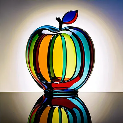 Prompt: <mymodel> <mymodel>Vibrant pop art illustration of a transparent glass apple sculpture, shiny and reflective surface, bold colors, high contrast, detailed glasswork, glossy finish, artistic interpretation, modern pop art, transparent glass, vibrant colors, high quality, detailed reflections, glossy finish, striking pop art style, bold and vibrant, contemporary art, shiny surface; ce qui donne cette image 